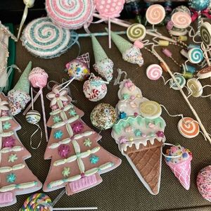 Candyland Christmas decorations. There’s about 30 decorations all together used.